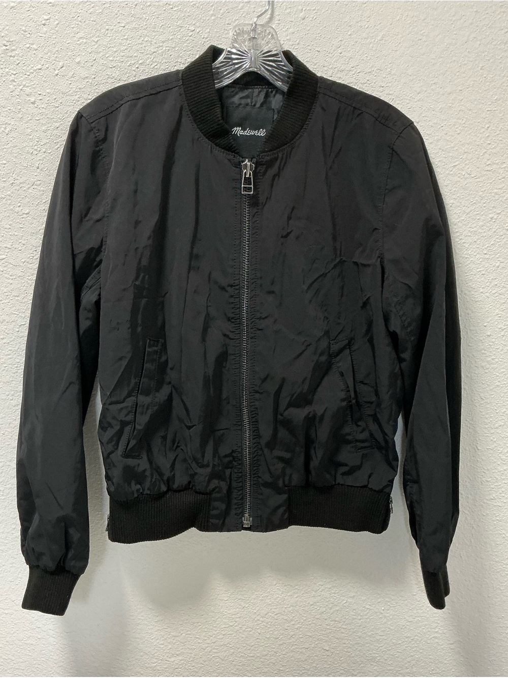 Madewell Black Lightweight Bomber Jacket zip front flaw see description